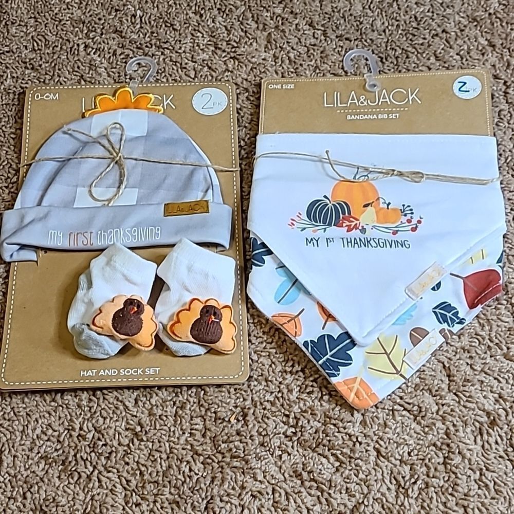 Lila & Jack 2 Sets, one w/2 Thanksgiving Bibs, and second set of booties…